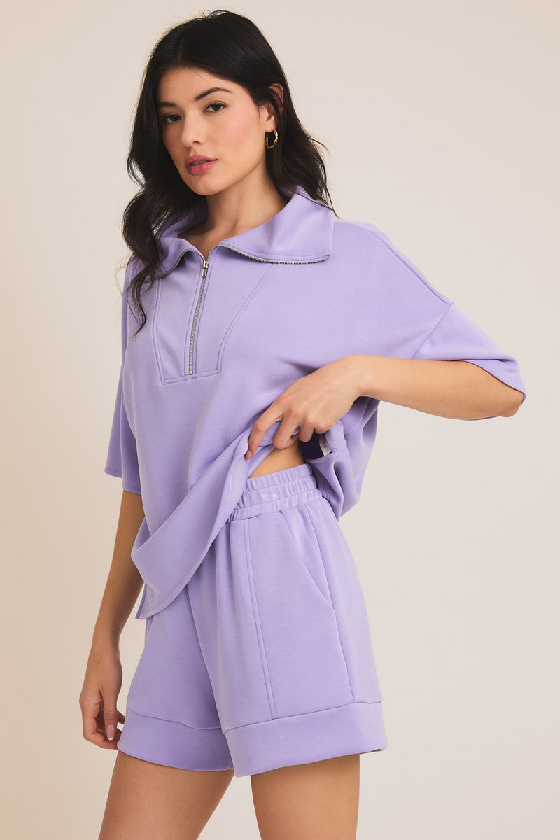 HALF ZIP UP TOP AND SIDE POCKET FOLDED HEM SHORTS
