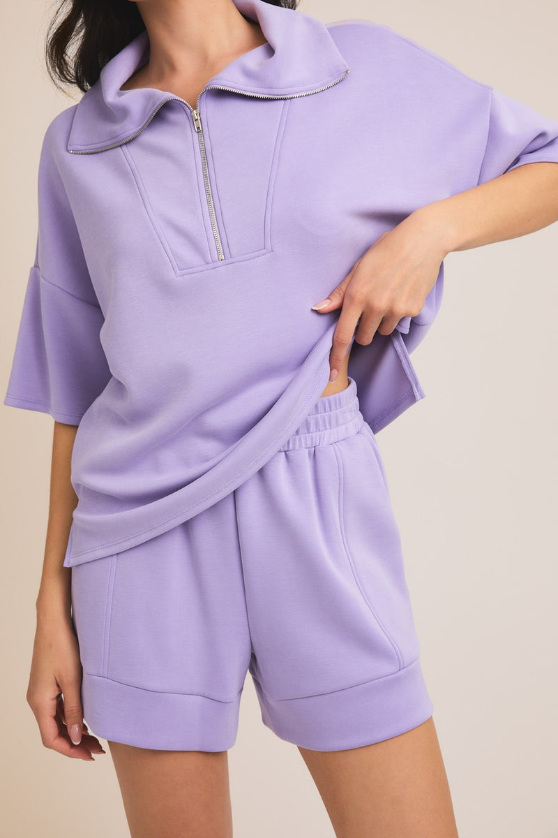 HALF ZIP UP TOP AND SIDE POCKET FOLDED HEM SHORTS
