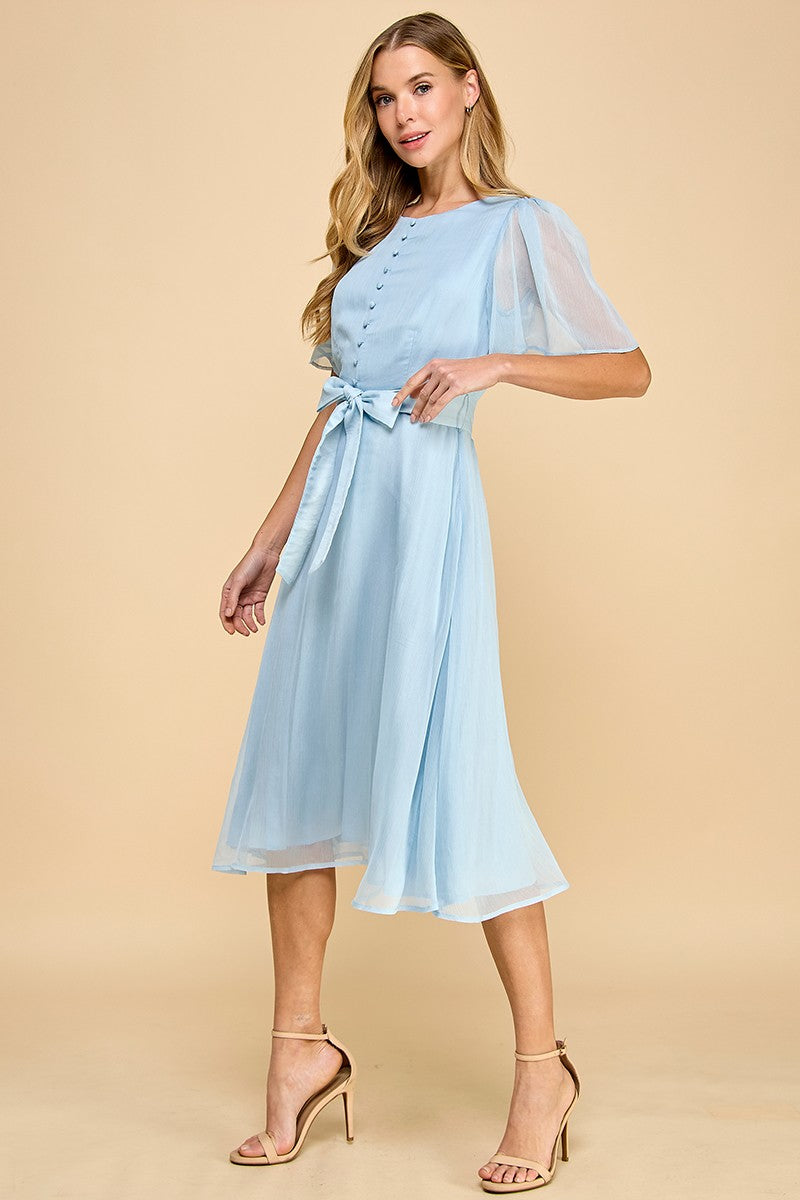 Baby Blue Flutter Sleeves Faux Button Front Mid Dress