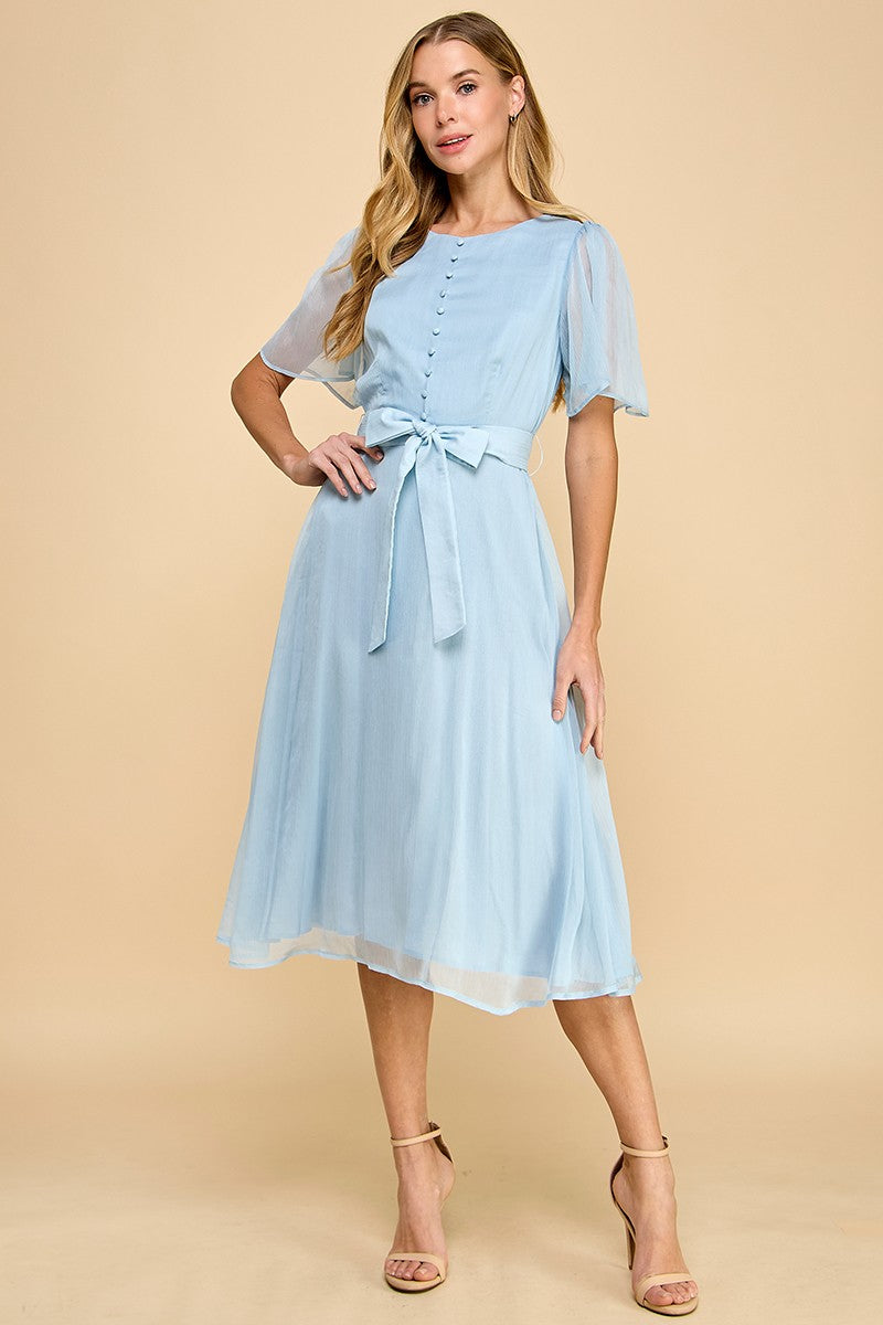 Baby Blue Flutter Sleeves Faux Button Front Mid Dress