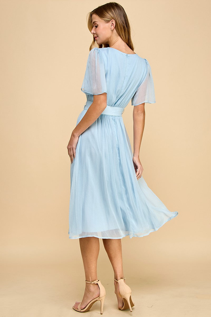 Baby Blue Flutter Sleeves Faux Button Front Mid Dress