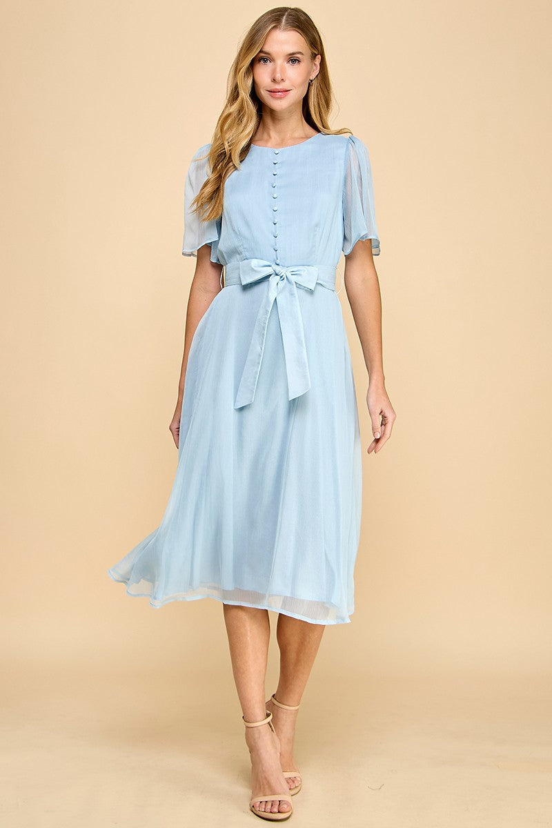 Baby Blue Flutter Sleeves Faux Button Front Mid Dress