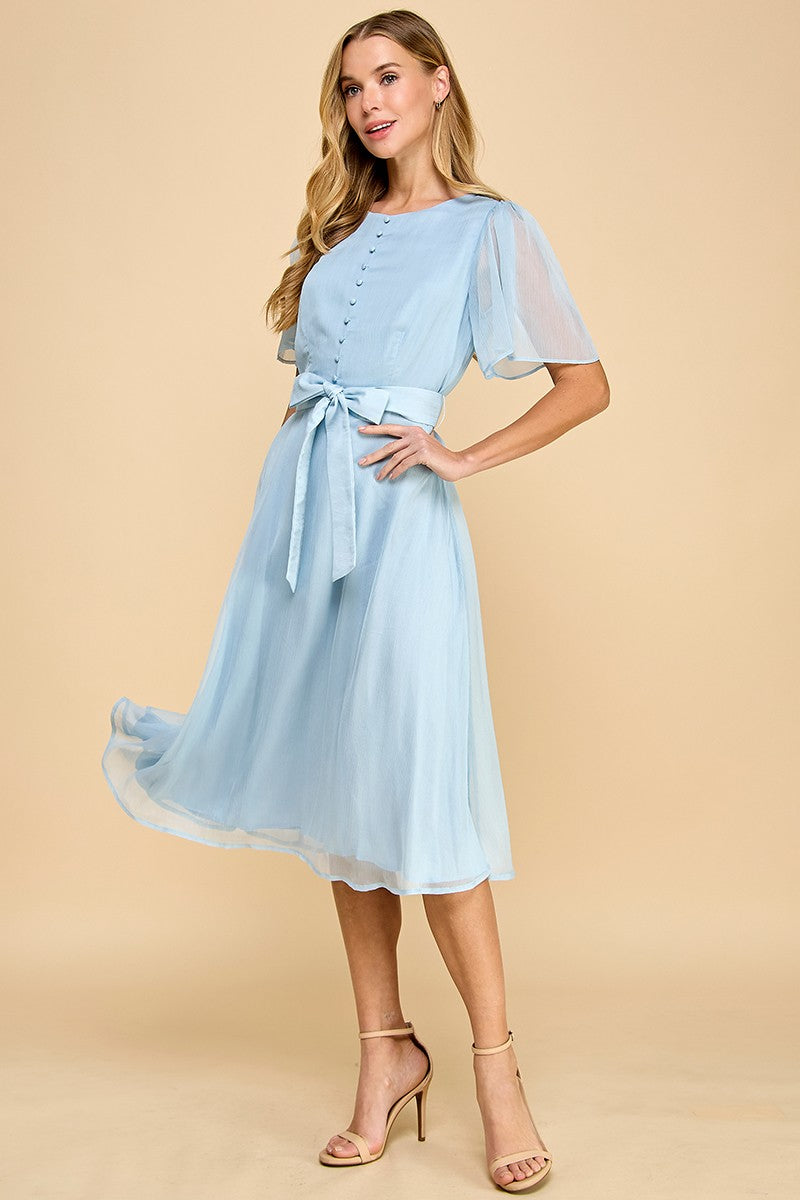 Baby Blue Flutter Sleeves Faux Button Front Mid Dress