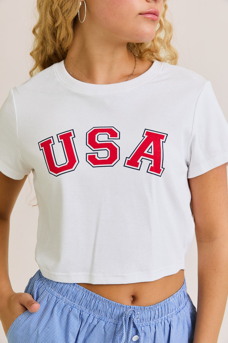 USA White Graphic Short Sleeve Crew Neck Baby Tee