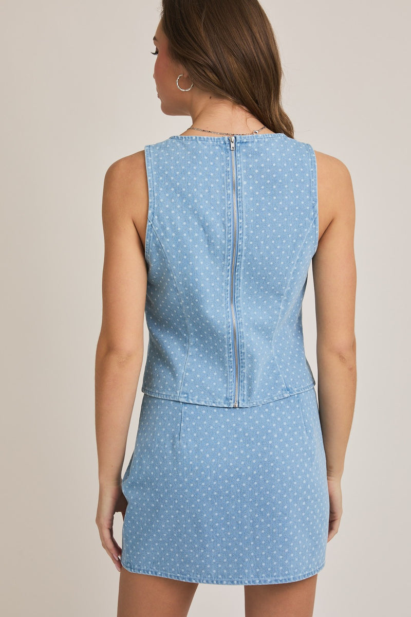 Sleeveless Square Neck Polka Dot Denim Top and Skirt Set