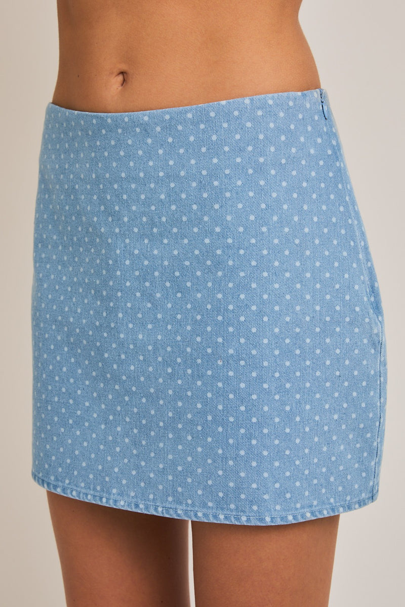 Sleeveless Square Neck Polka Dot Denim Top and Skirt Set