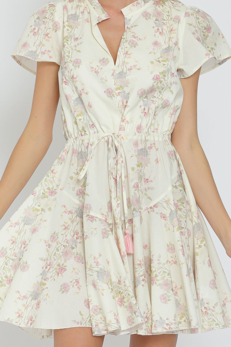SHORT SLEEVE TIE FRONT WAISTED MINI DRESS