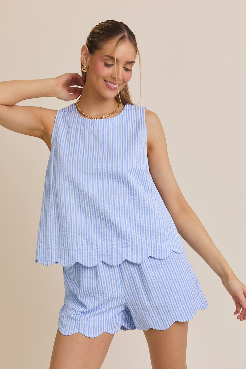 ROUND NECK SCALLOP HEM STRIPE TOP & SHORTS