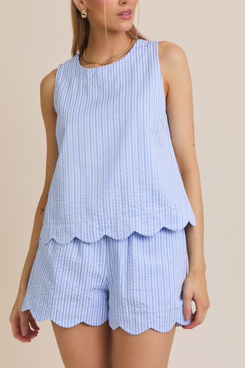 ROUND NECK SCALLOP HEM STRIPE TOP & SHORTS