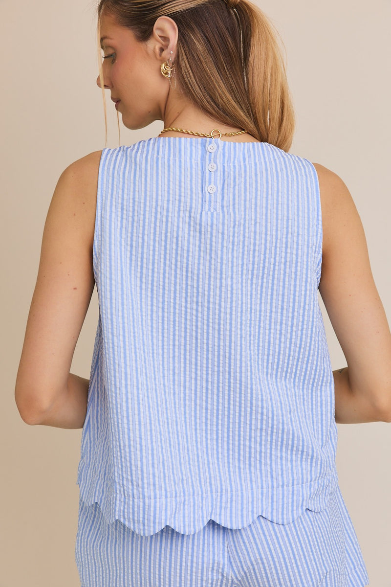 ROUND NECK SCALLOP HEM STRIPE TOP & SHORTS