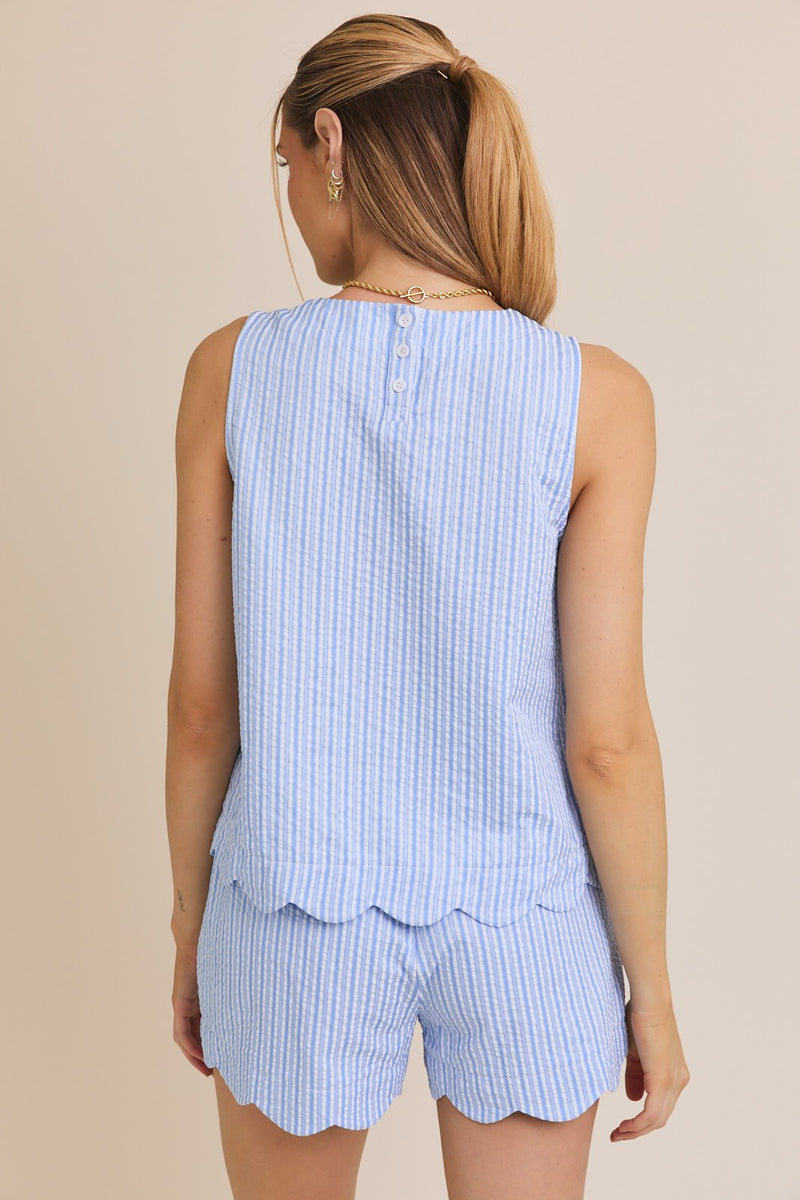 ROUND NECK SCALLOP HEM STRIPE TOP & SHORTS