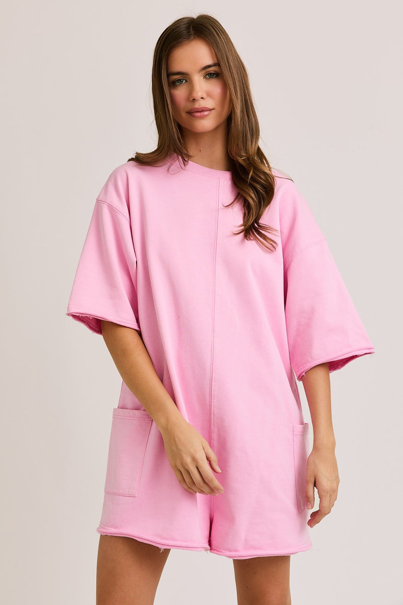Pink Scoop Neck Romper With V Neck Back Detail