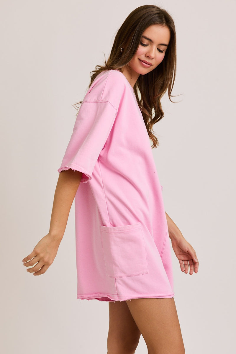 Pink Scoop Neck Romper With V Neck Back Detail