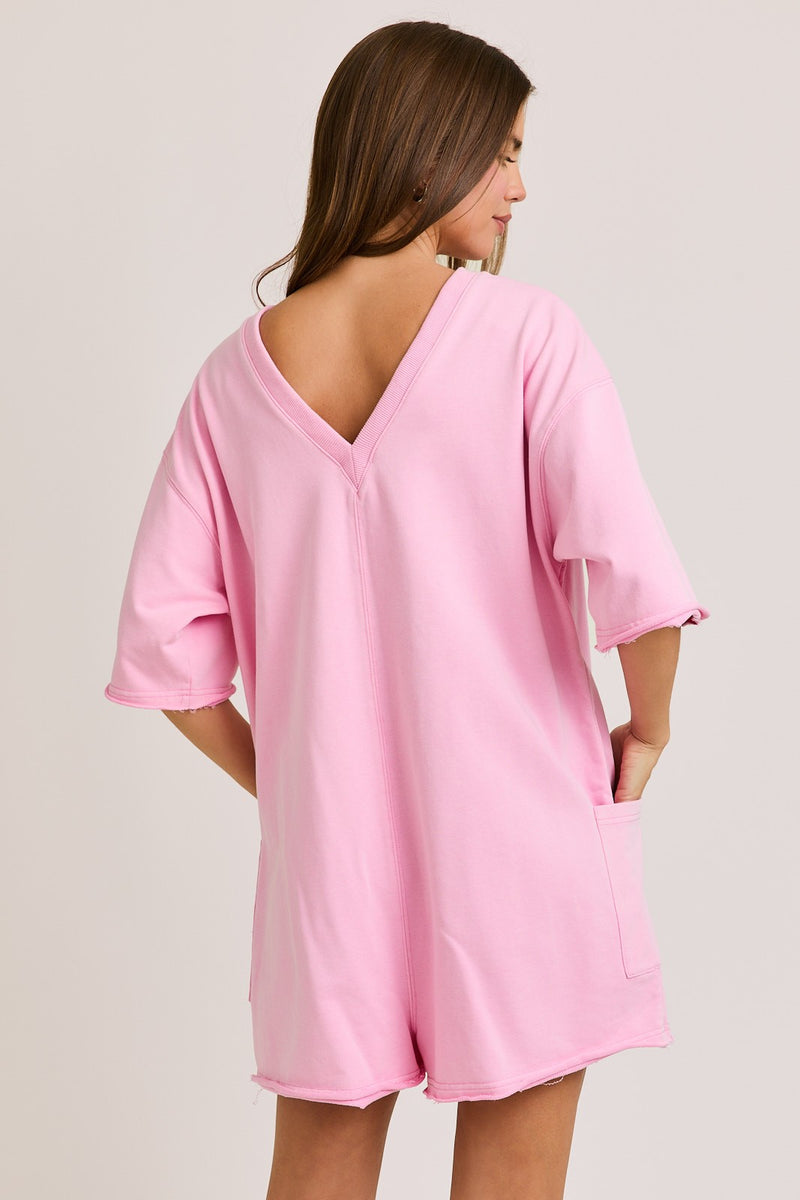 Pink Scoop Neck Romper With V Neck Back Detail
