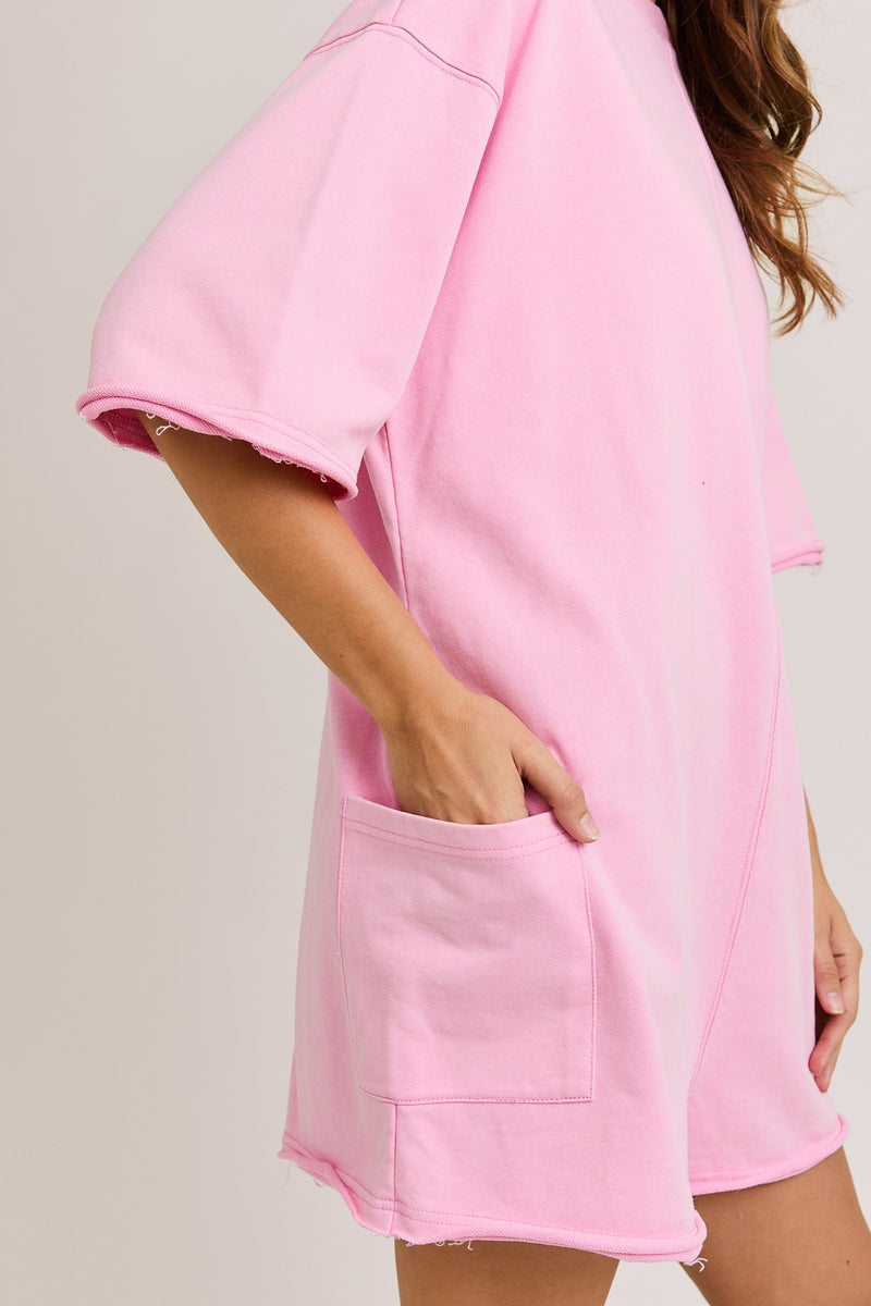 Pink Scoop Neck Romper With V Neck Back Detail