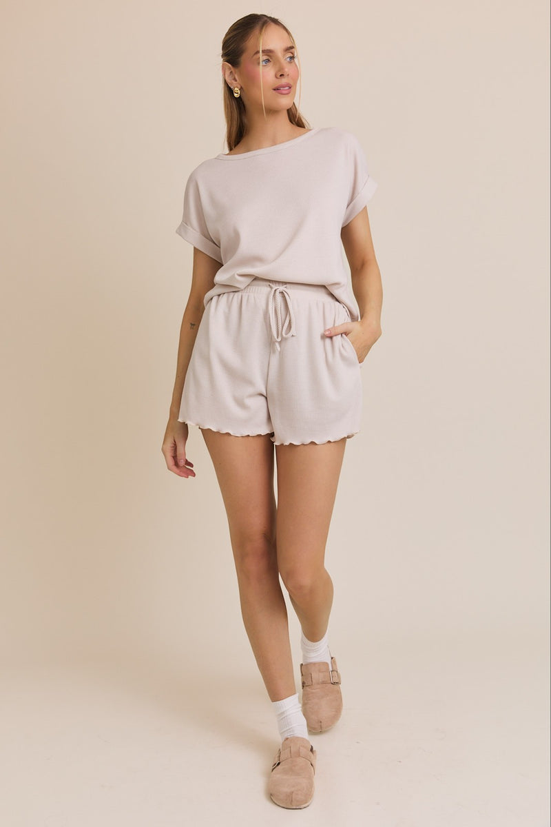 Cream Round Neck Roll Up Short Sleeve Top & Shorts