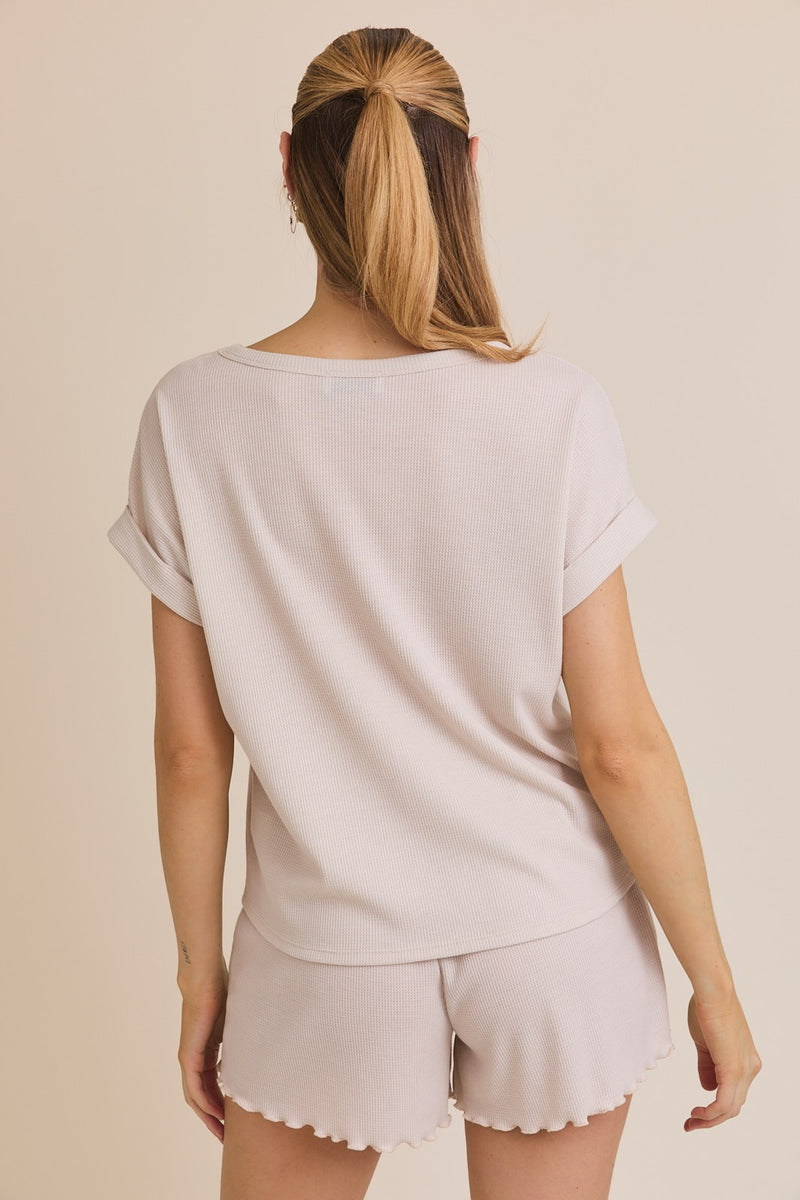 Cream Round Neck Roll Up Short Sleeve Top & Shorts