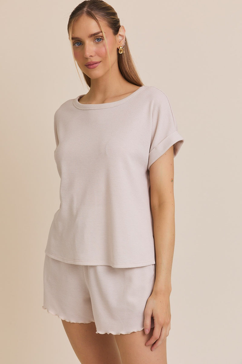 Cream Round Neck Roll Up Short Sleeve Top & Shorts