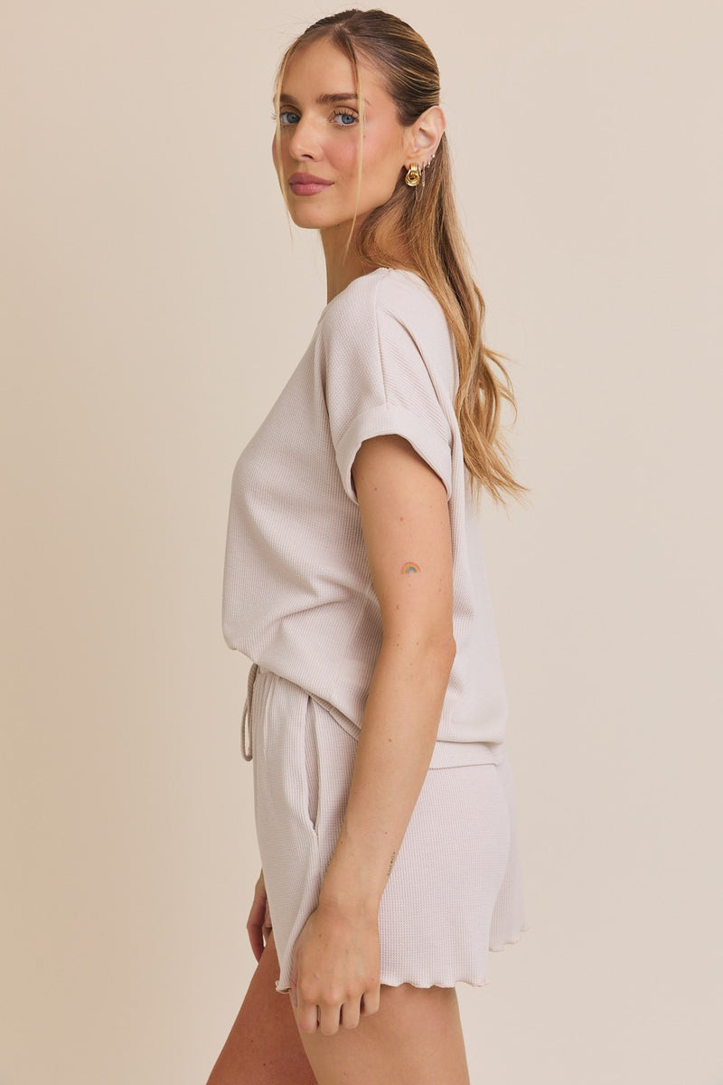 Cream Round Neck Roll Up Short Sleeve Top & Shorts