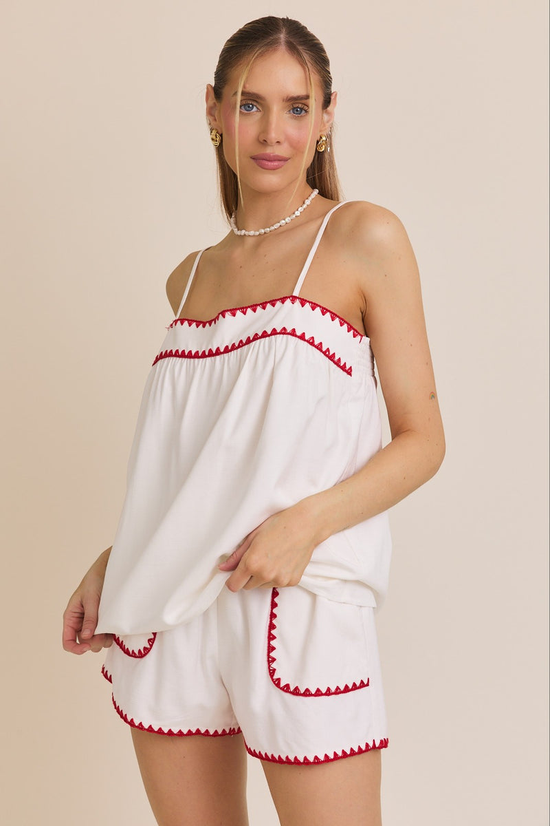Back Smocking Scallop Stitched Top & Shorts