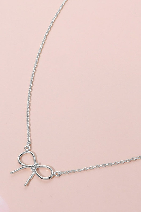 Metal Silver Wire Bow Knot Pendant Necklace
