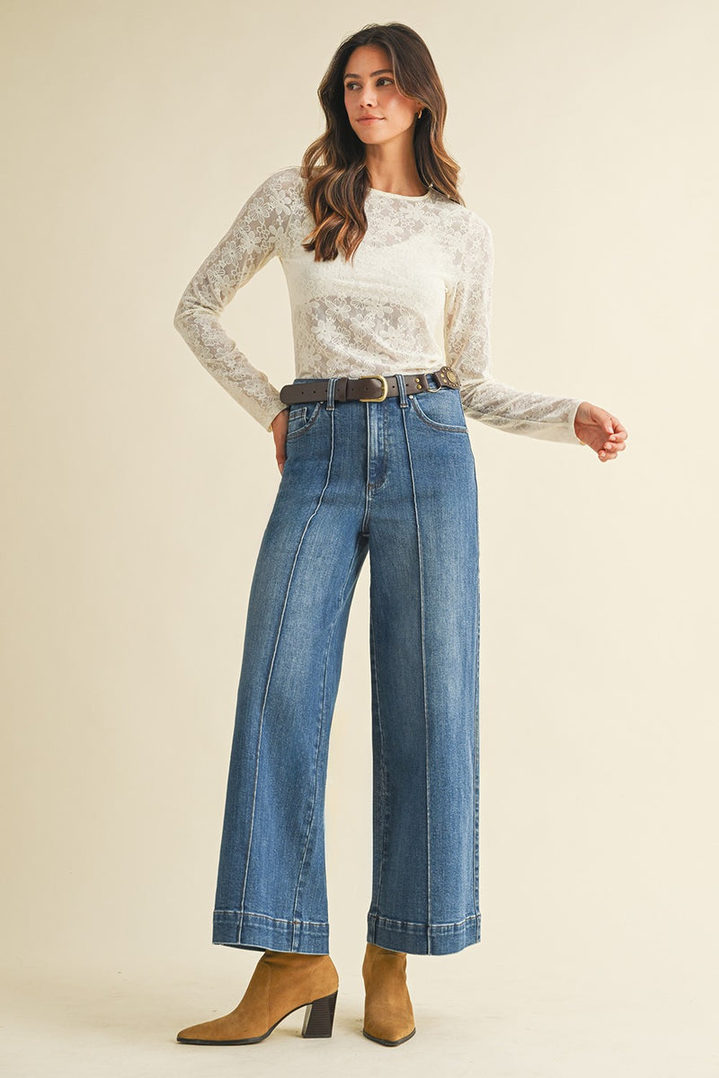 Stella Rae's Best Medium Denim Stretch High Rise Pin Tuck Detail Wide Leg Jean