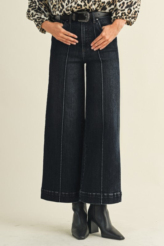 Stella Rae's Black Denim Stretch High Rise Pin Tuck Detail Wide Leg Jean