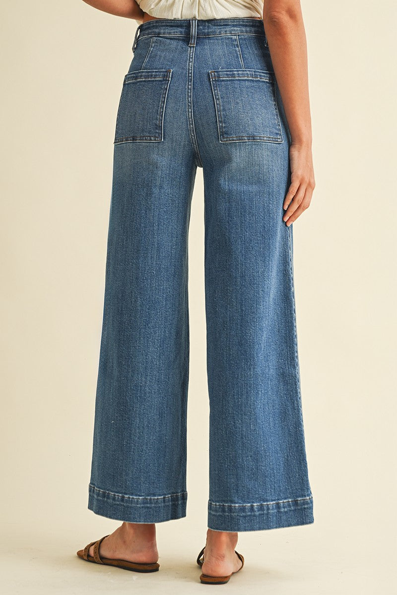 Stella Rae's Best Medium Denim Stretch High Rise Pin Tuck Detail Wide Leg Jean