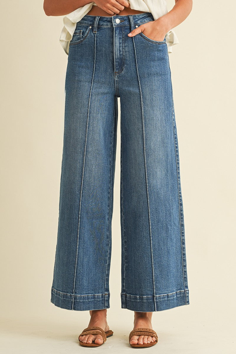 Stella Rae's Best Medium Denim Stretch High Rise Pin Tuck Detail Wide Leg Jean