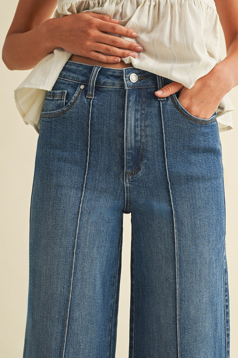 Stella Rae's Best Medium Denim Stretch High Rise Pin Tuck Detail Wide Leg Jean