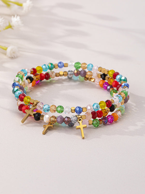 Multicolor Crystal Beaded Cross Bracelet