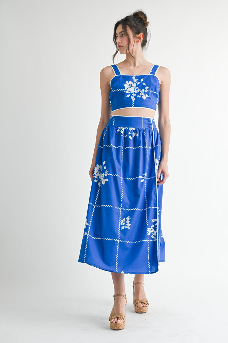 Mable Cobalt Blue Grid Floral Print Crop Top And Midi Skirt Set