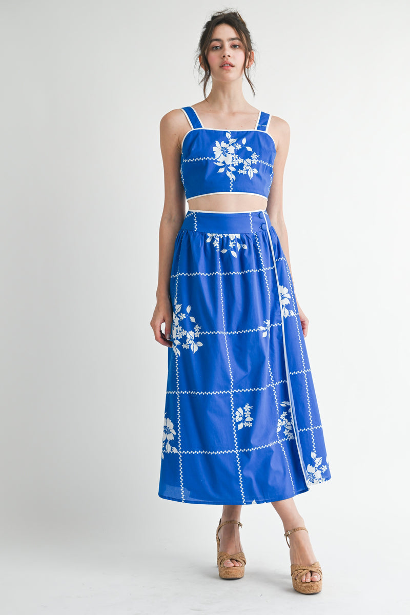Mable Cobalt Blue Grid Floral Print Crop Top And Midi Skirt Set