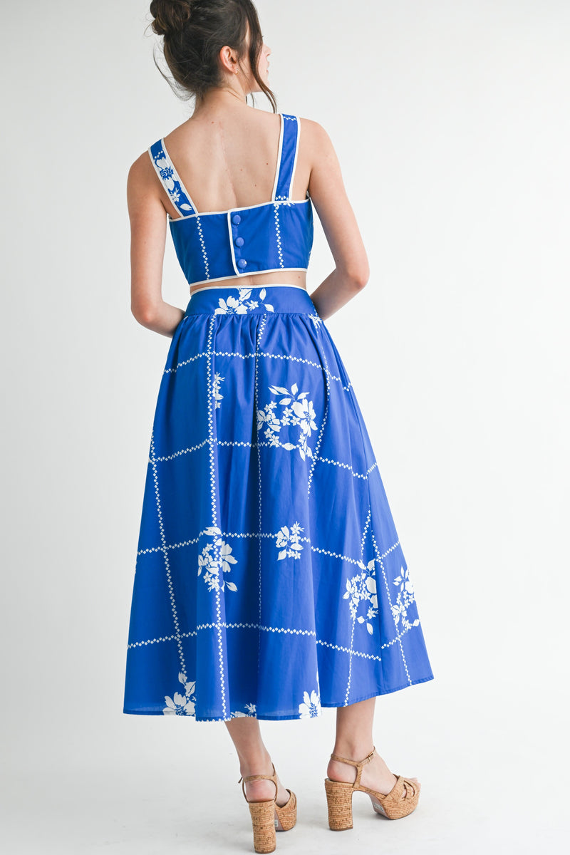 Mable Cobalt Blue Grid Floral Print Crop Top And Midi Skirt Set