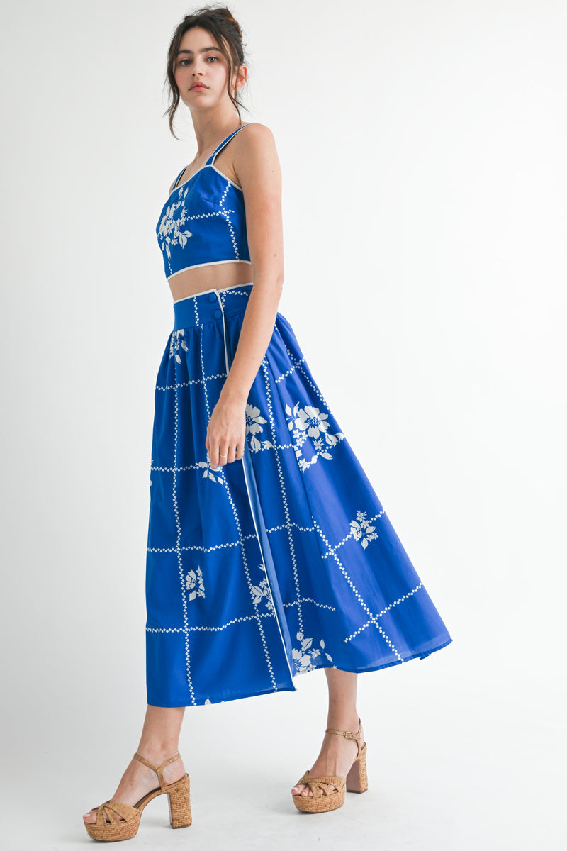 Mable Cobalt Blue Grid Floral Print Crop Top And Midi Skirt Set