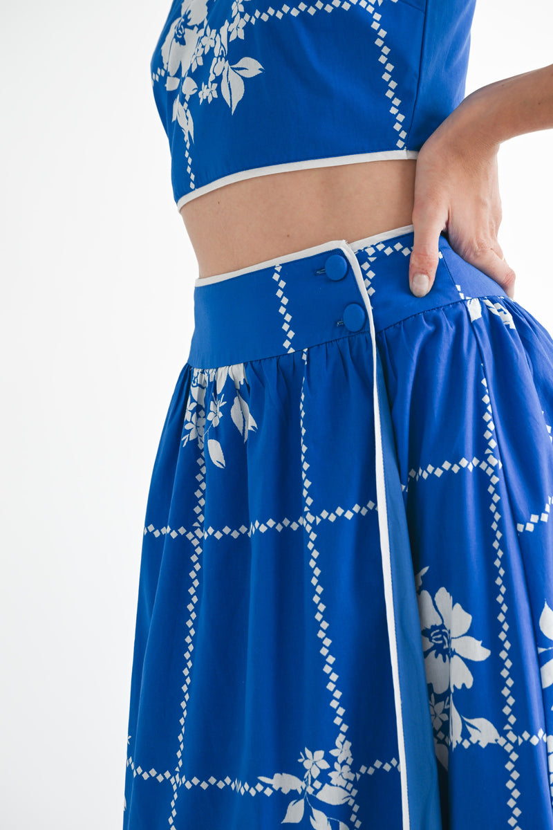 Mable Cobalt Blue Grid Floral Print Crop Top And Midi Skirt Set