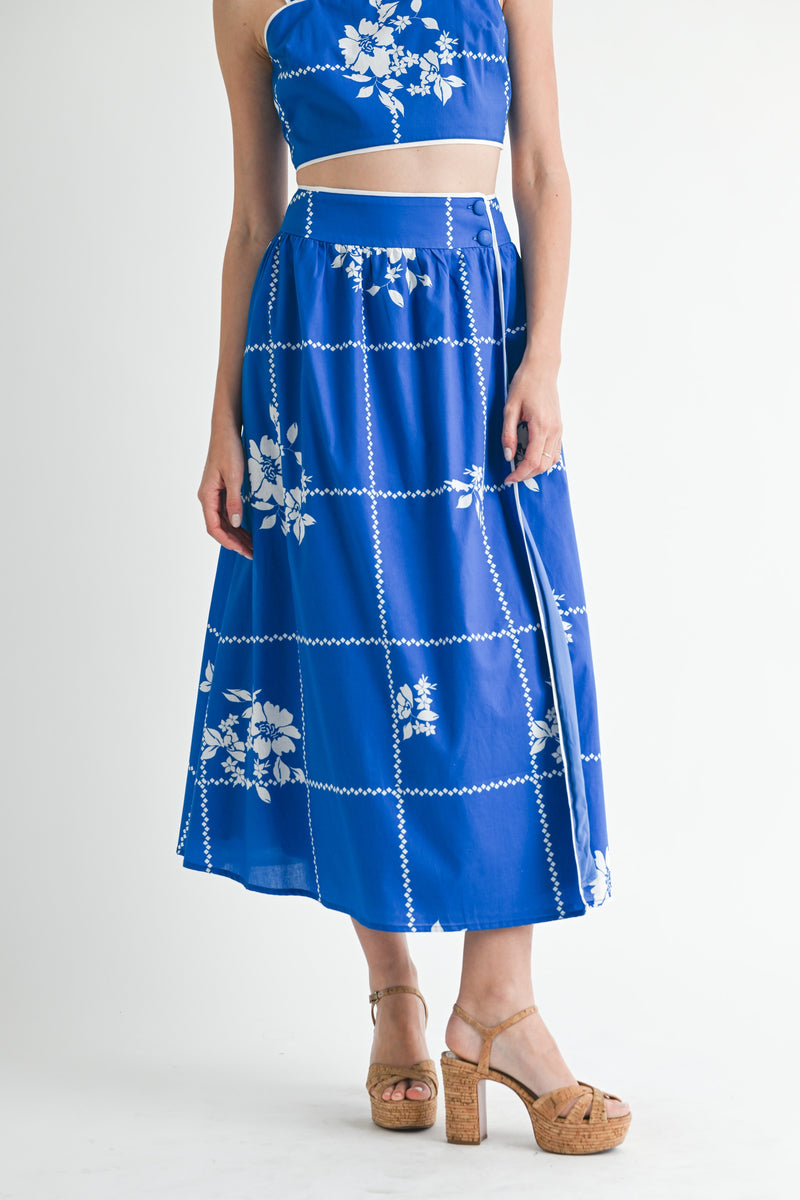 Mable Cobalt Blue Grid Floral Print Crop Top And Midi Skirt Set