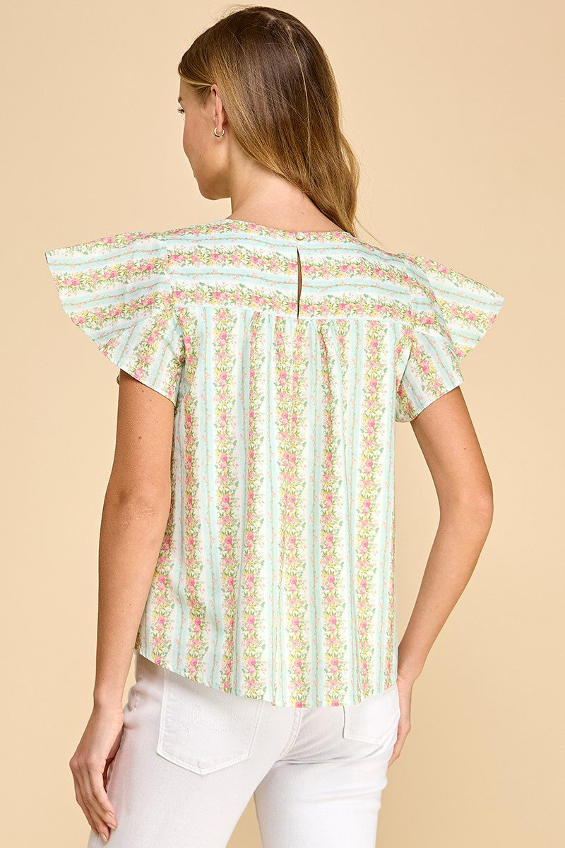 Floral Striped Round Neck Ruffle Sleeves Top