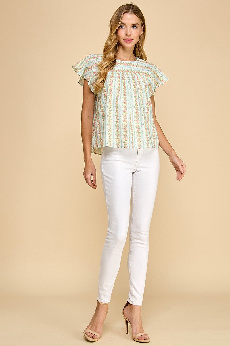 Floral Striped Round Neck Ruffle Sleeves Top