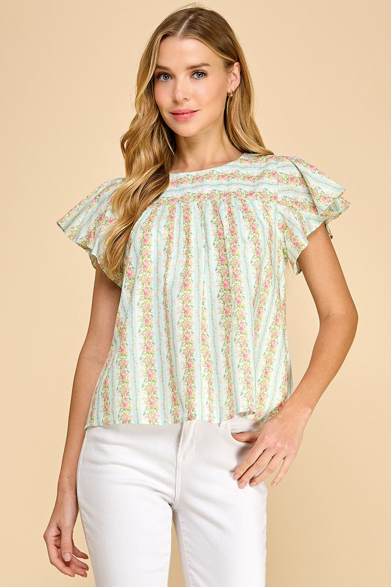 Floral Striped Round Neck Ruffle Sleeves Top