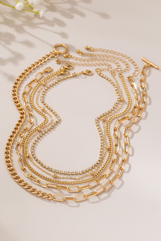 5 Layer Mixed Chain and Rhinestone Necklace