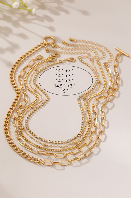 5 Layer Mixed Chain and Rhinestone Necklace