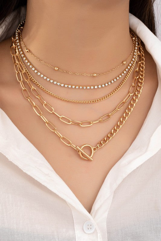 5 Layer Mixed Chain and Rhinestone Necklace