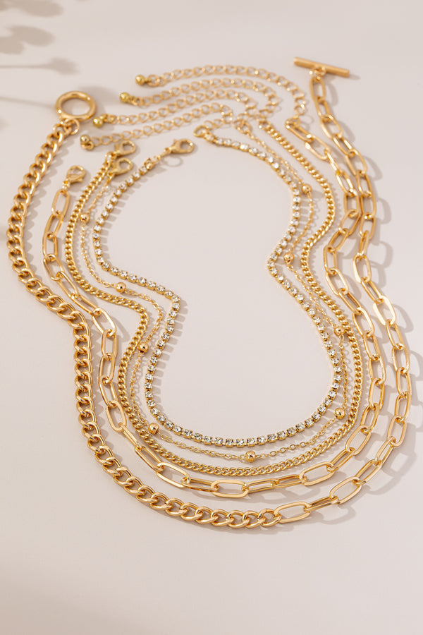 5 Layer Mixed Chain and Rhinestone Necklace