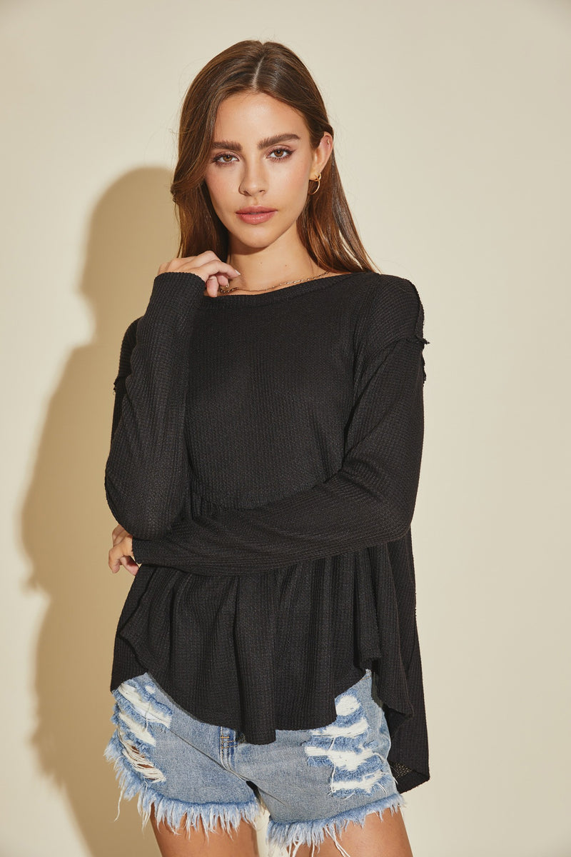 Mustard Seed Black Flare Waffle Knit Top