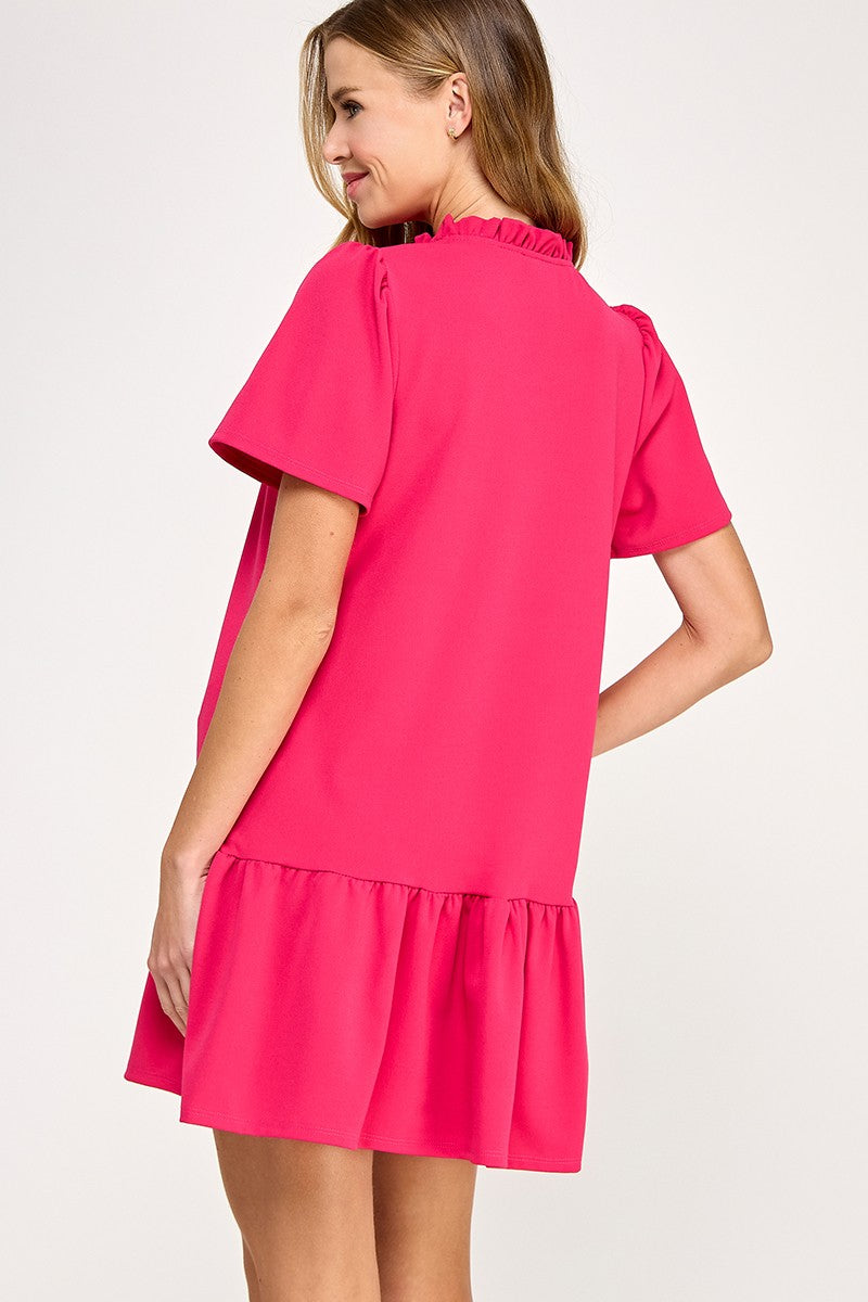 Solid Raspberry Ruffle Neck Dress