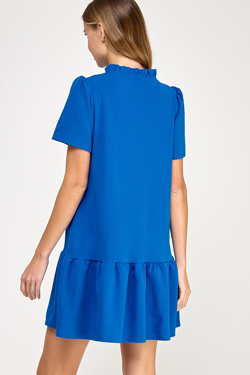 Solid Cobalt Ruffle Neck Dress