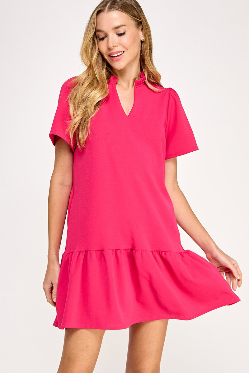 Solid Raspberry Ruffle Neck Dress