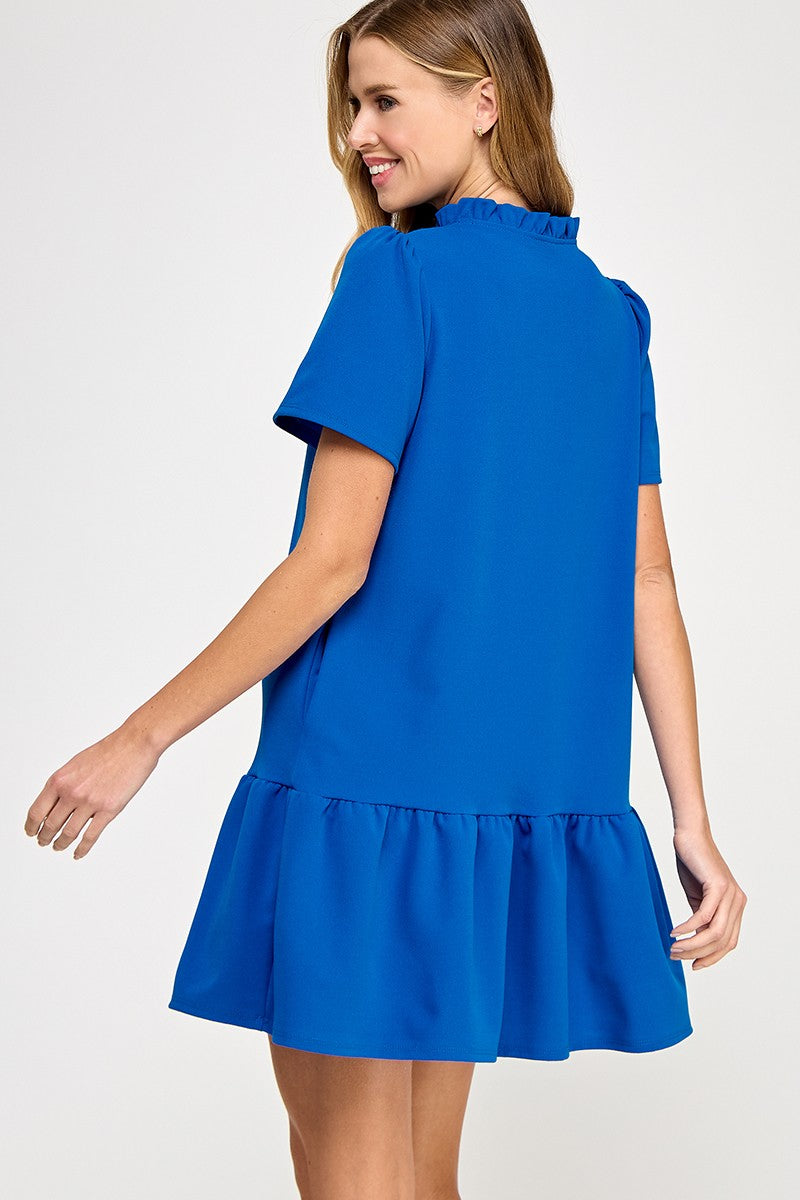 Solid Cobalt Ruffle Neck Dress