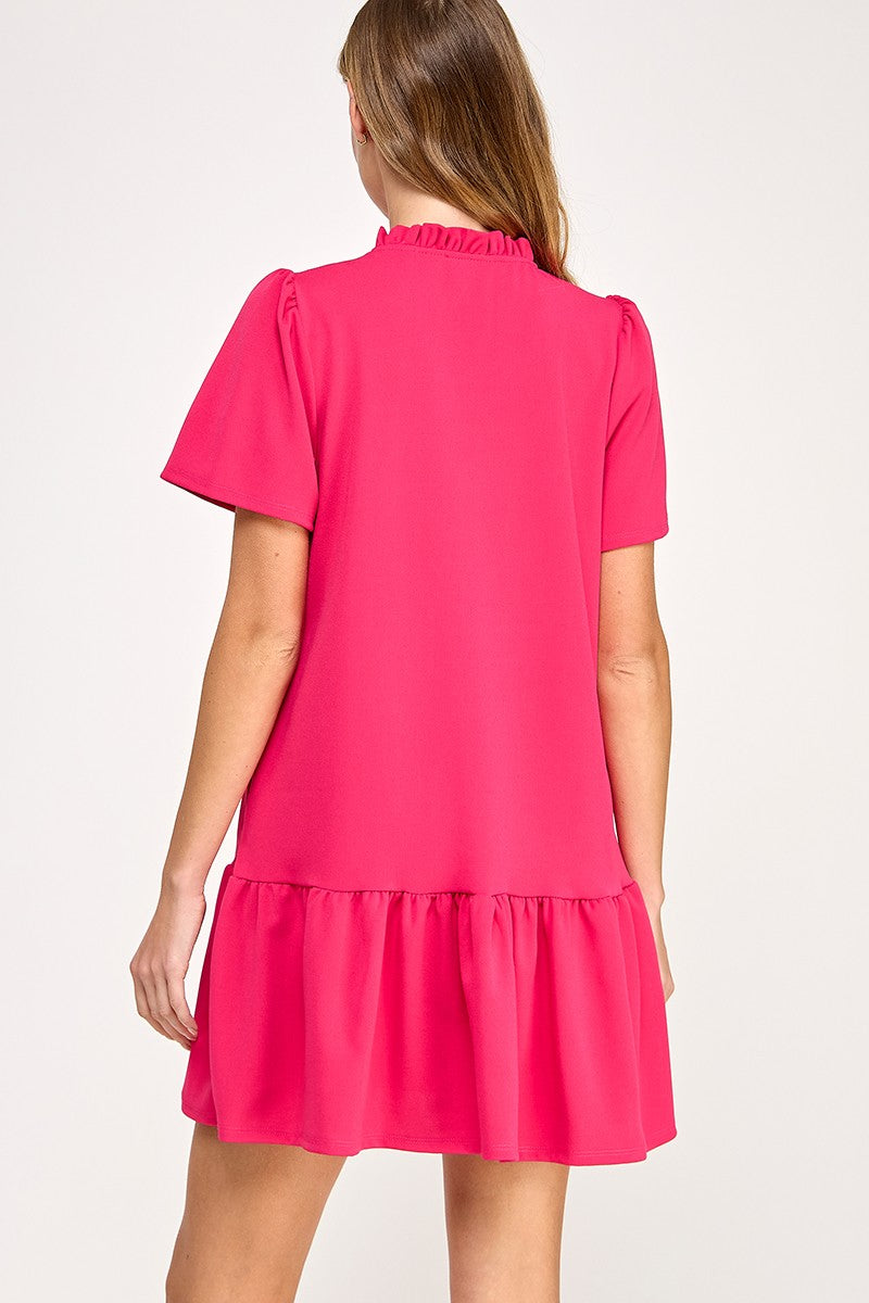 Solid Raspberry Ruffle Neck Dress
